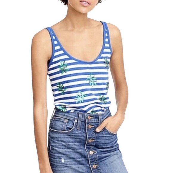 J. Crew Women's Blue White Stripe Tank Top Green Sequin Leaves Size Small - Picture 1 of 5